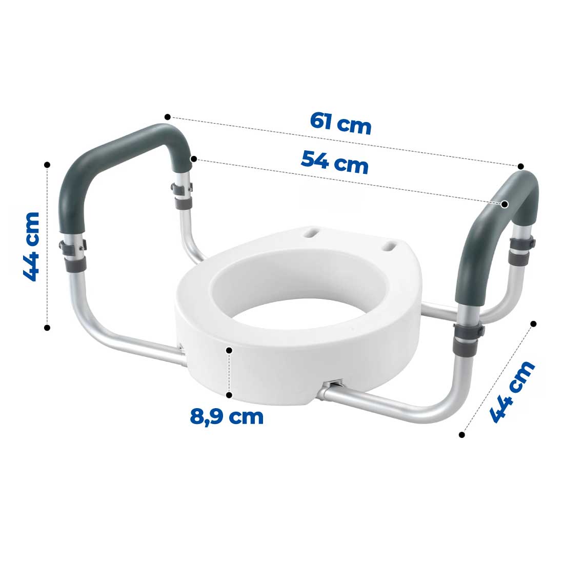 Réhausseur de toilettes avec accoudoirs +8,9 cm