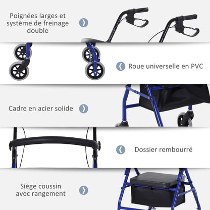 Déambulateur Rollator 4 Roues Pliable avec Siège