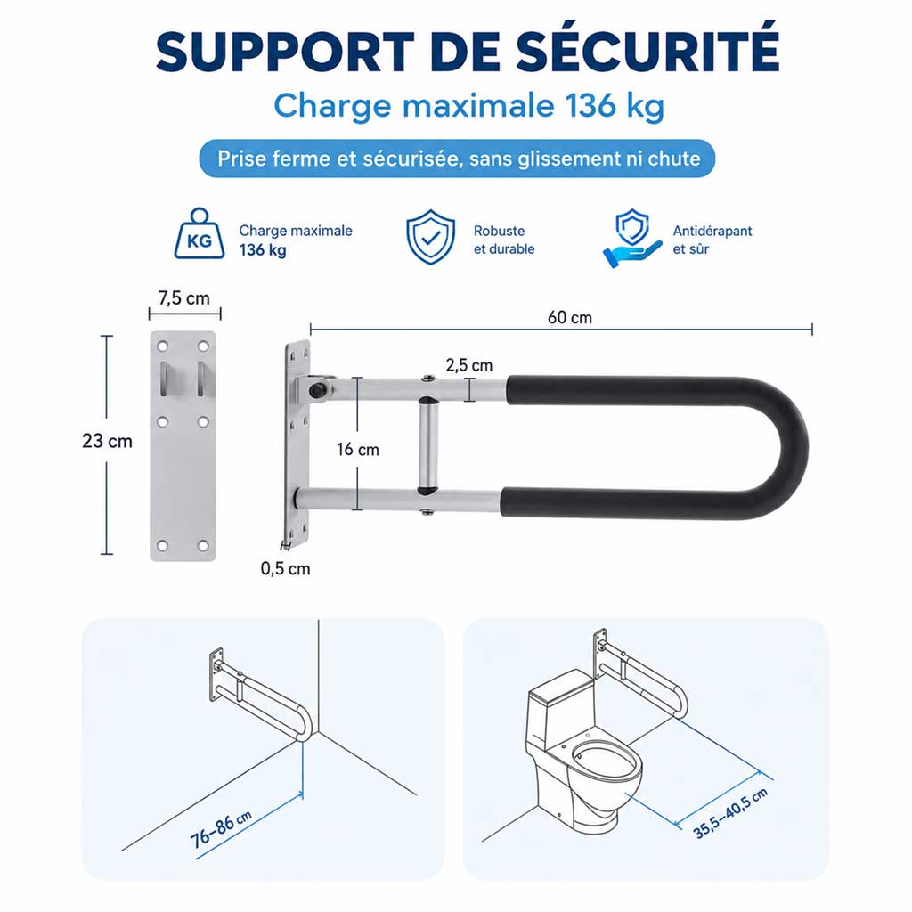 Barre d'Appui WC Murale Pliable