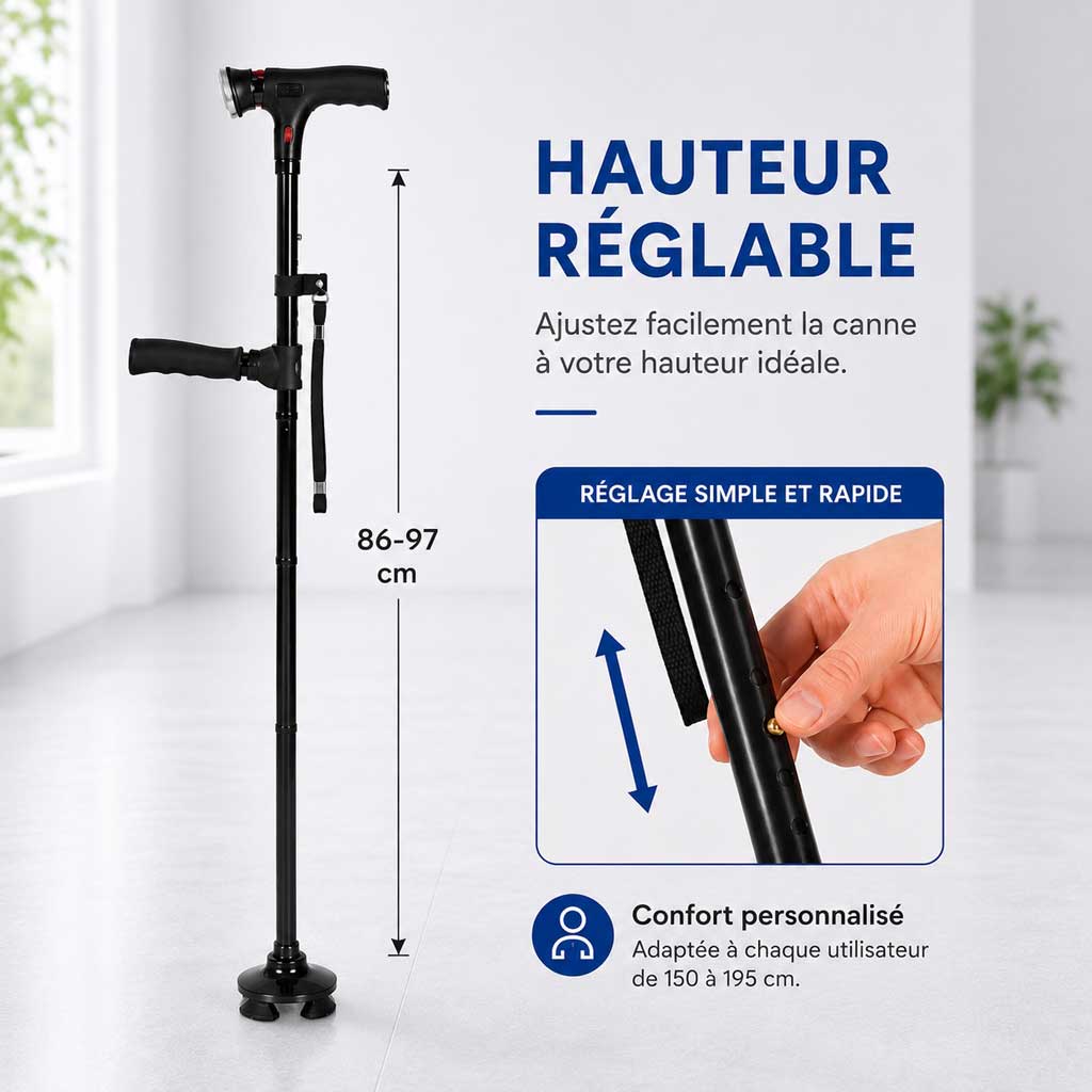 Canne Quadripode Double Poignée Pliable