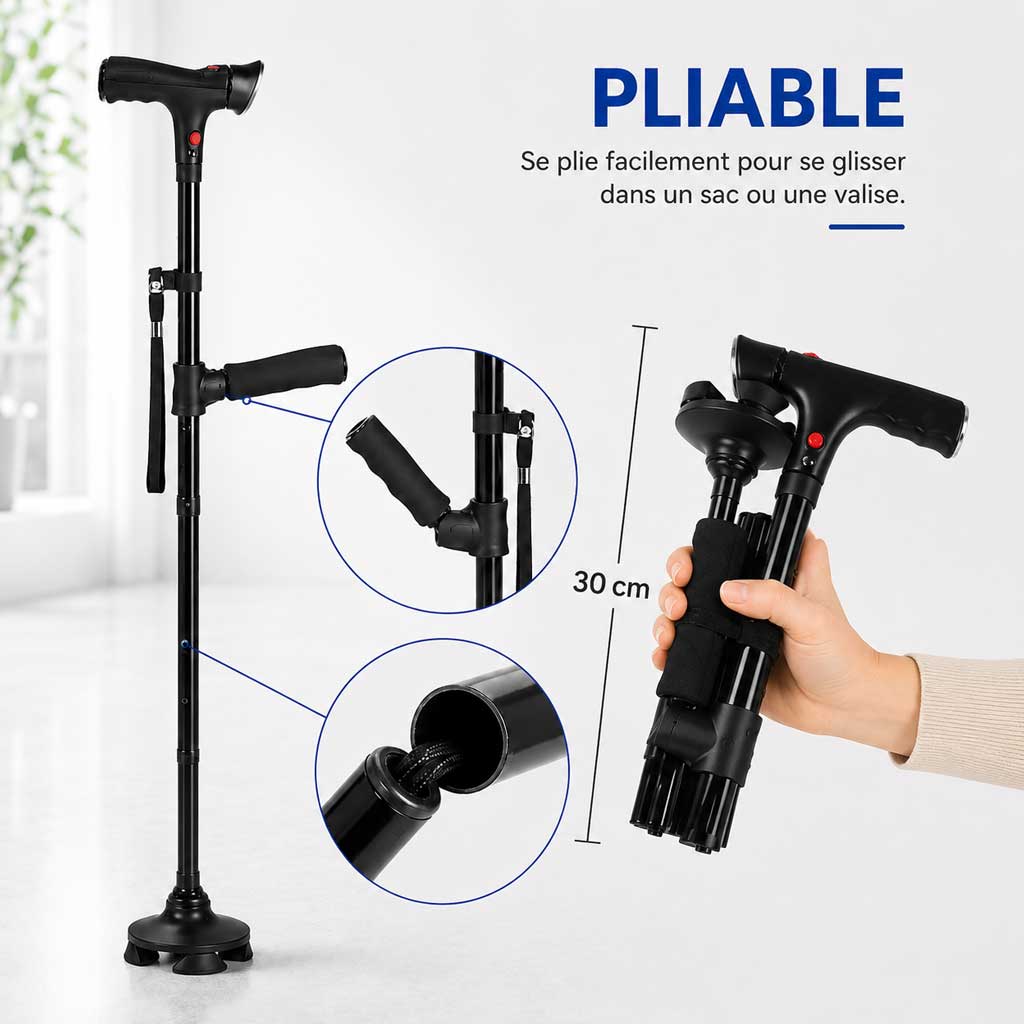 Canne Quadripode Double Poignée Pliable