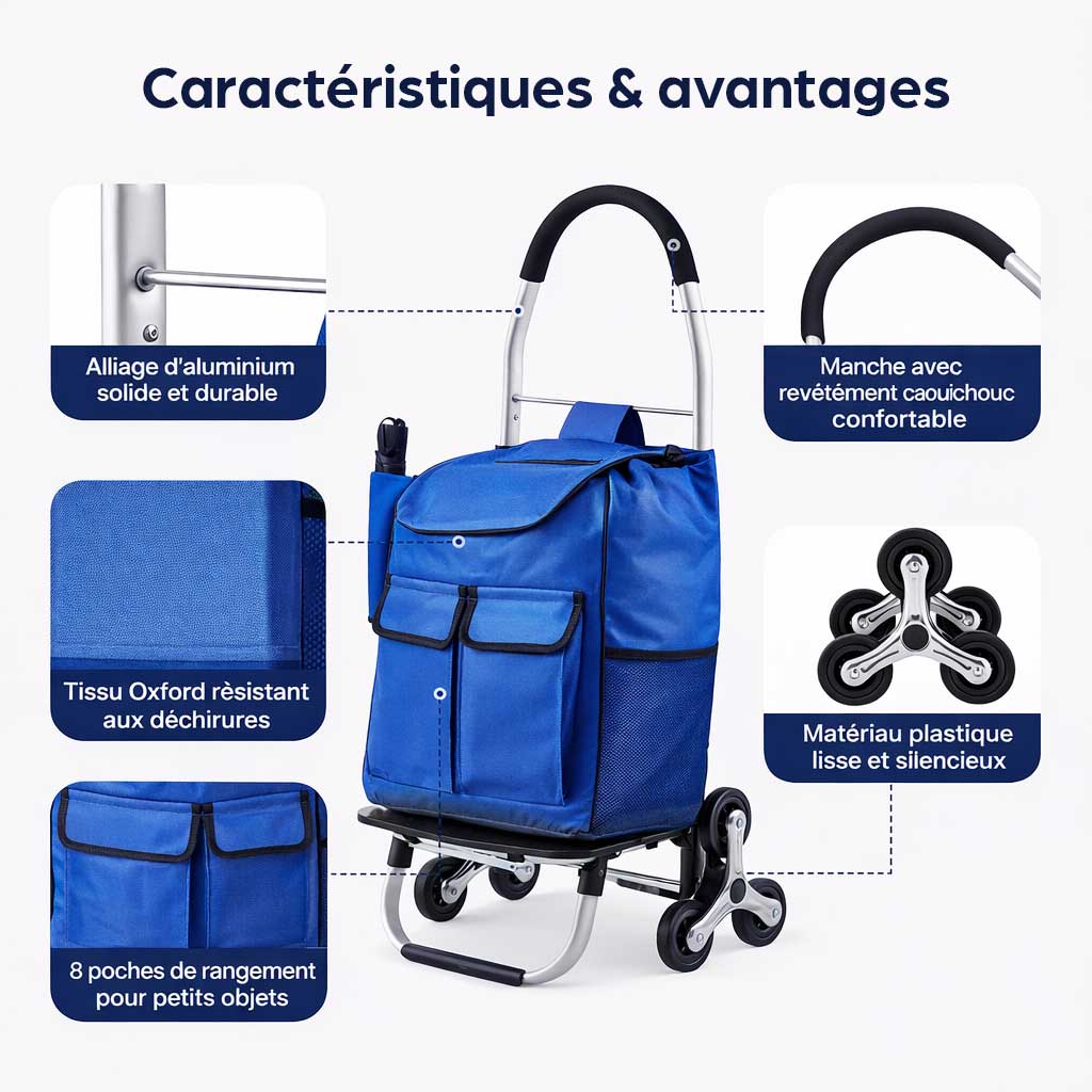 Chariot de courses monte-escaliers pliable