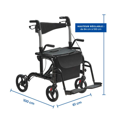 Déambulateur Rollator Fauteuil Roulant 2 en 1 Pliable