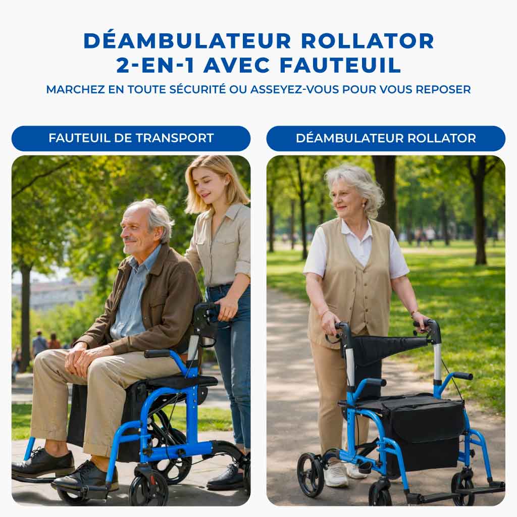 Déambulateur Rollator Fauteuil Roulant 2 en 1 Pliable