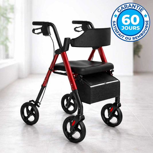 Déambulateur rollator tout-terrain rouge avec grandes roues 20cm, siège confort et garantie 60 jours
