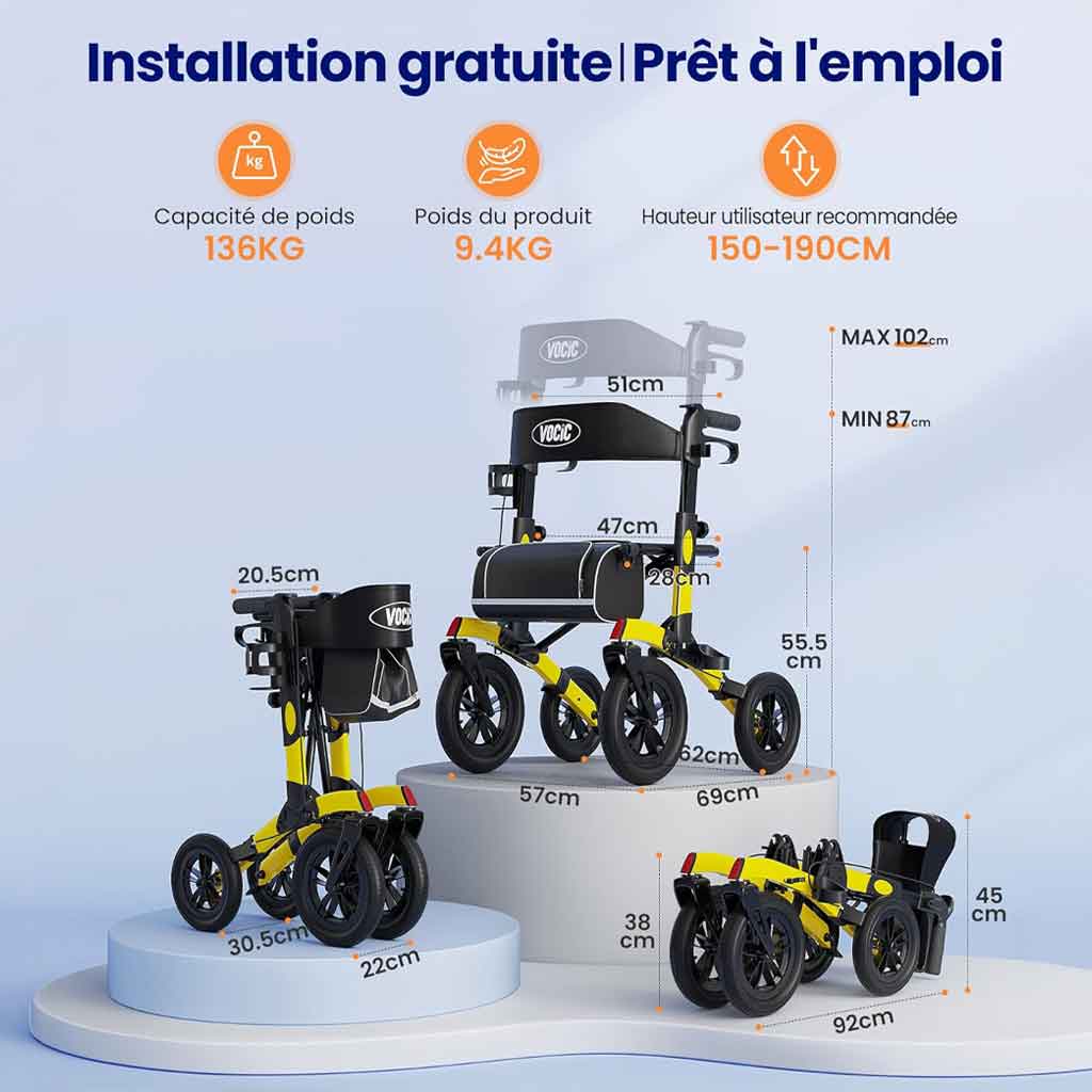 Déambulateur Tout-Terrain Grandes Roues avec Siège – Pliable