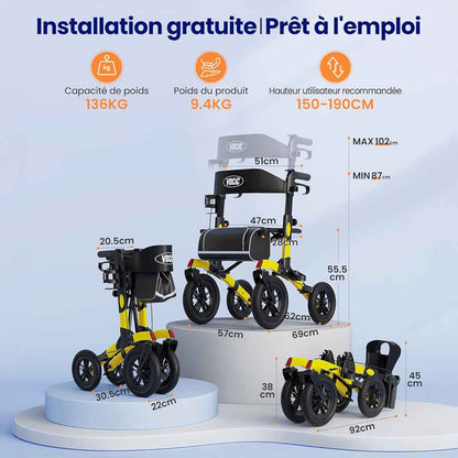 Déambulateur Tout-Terrain Grandes Roues avec Siège – Pliable