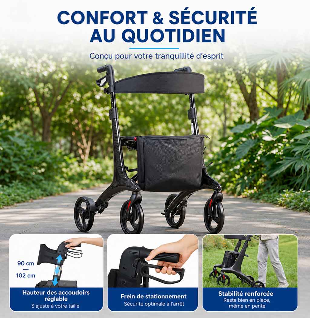 Déambulateur Rollator en Fibre de Carbone Ultra-Léger