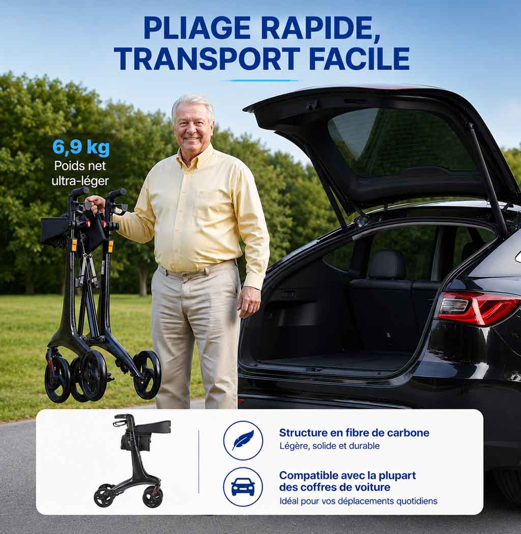 Déambulateur Rollator en Fibre de Carbone Ultra-Léger