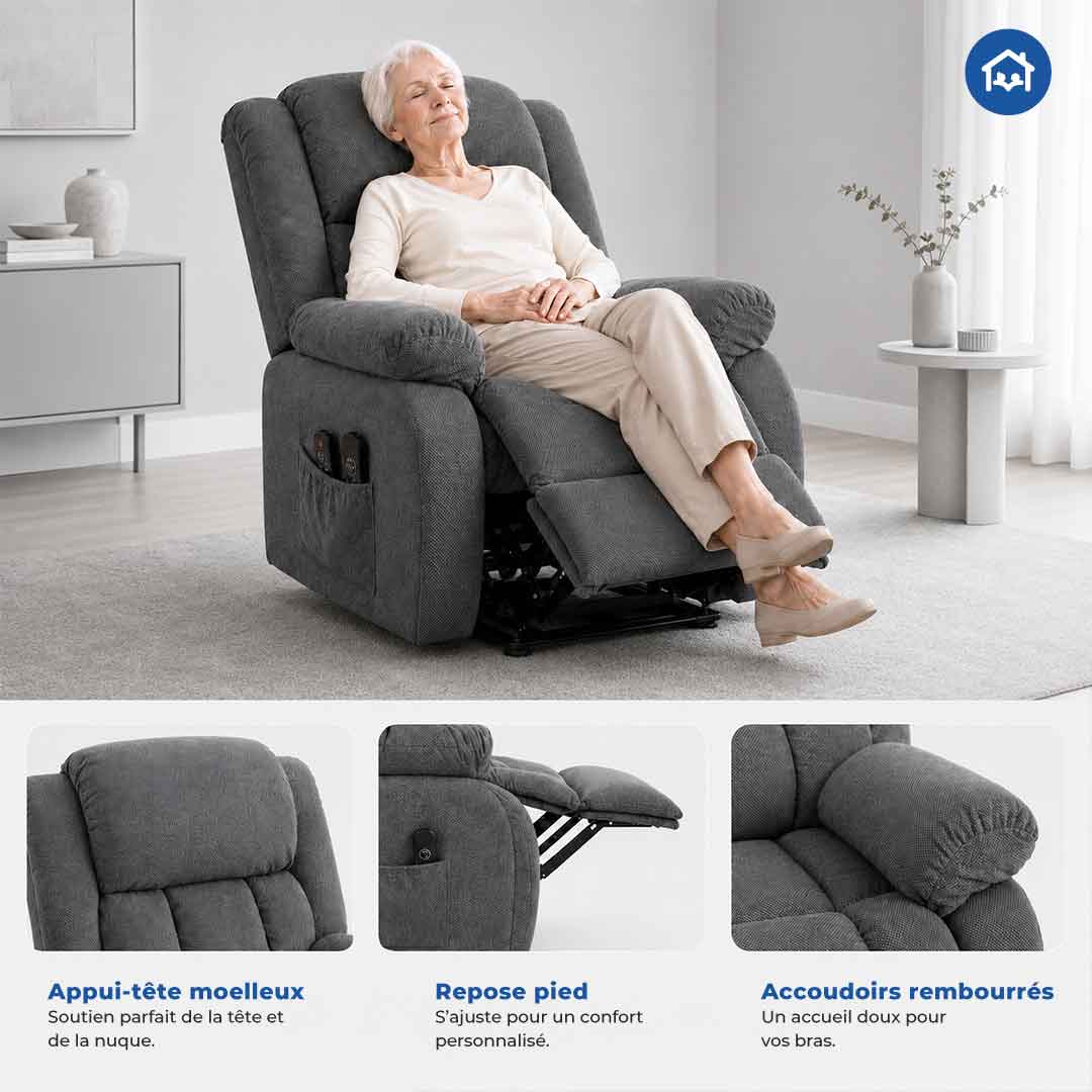 Fauteuil releveur électrique - Massage et chaleur lombaire
