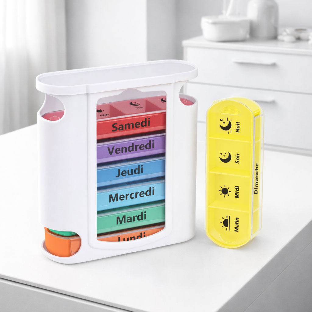 Pilulier semainier hebdomadaire 4 prises par jour 28 compartiments code couleur senior