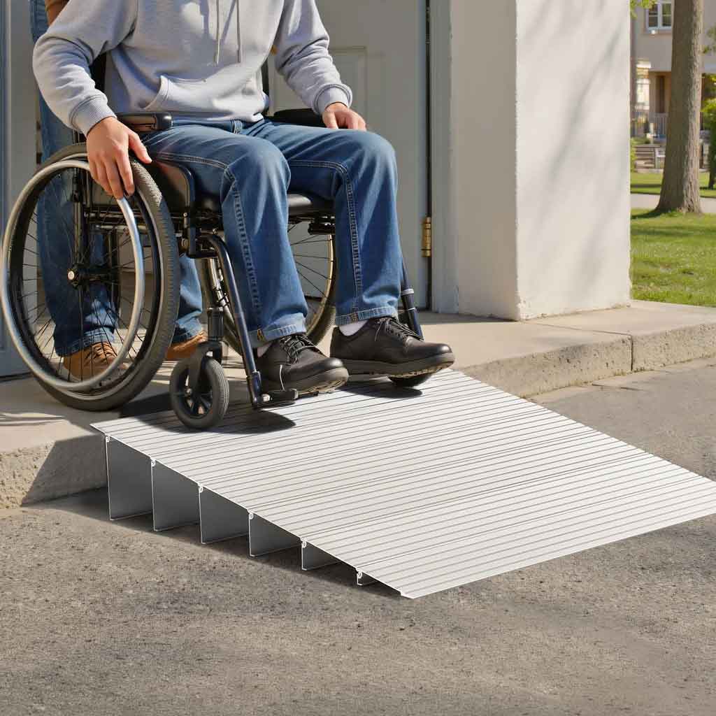 Rampe de seuil pour fauteuil roulant, déambulateur et rollator, surface antidérapante