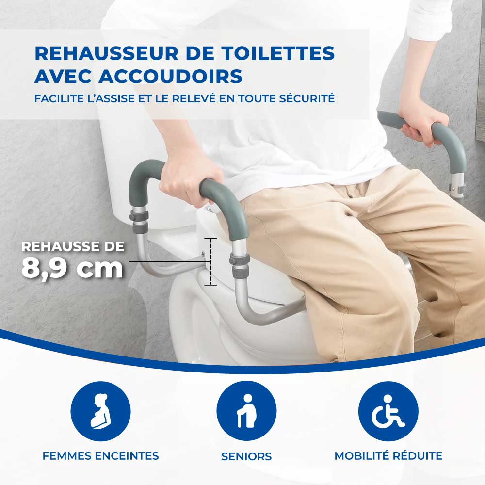 Réhausseur de toilettes avec accoudoirs +8,9 cm