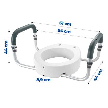 Réhausseur de toilettes avec accoudoirs +8,9 cm