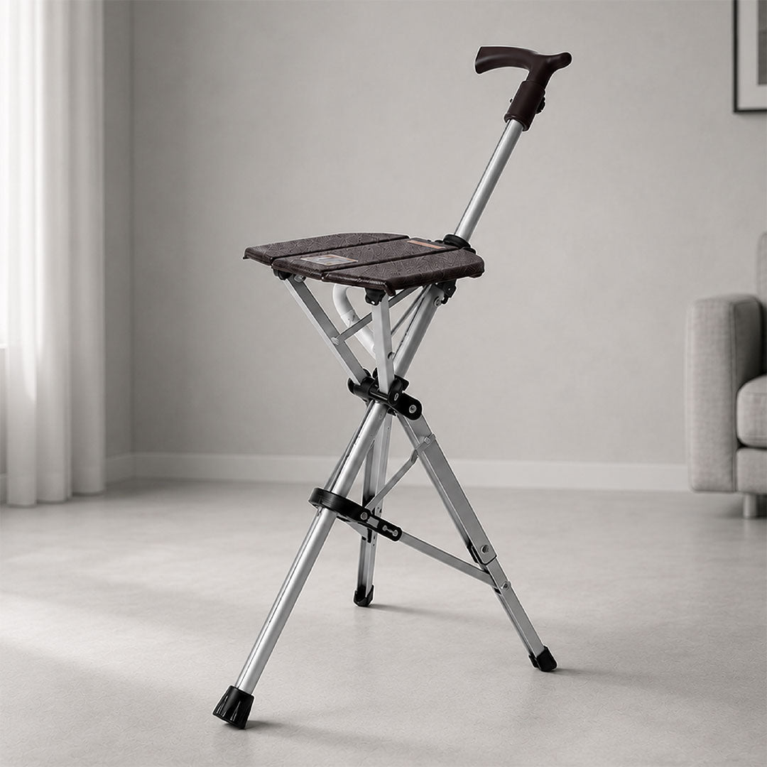 Canne siège automatique 2-en-1 dont le tabouret s'ouvre d'une pression sur un bouton