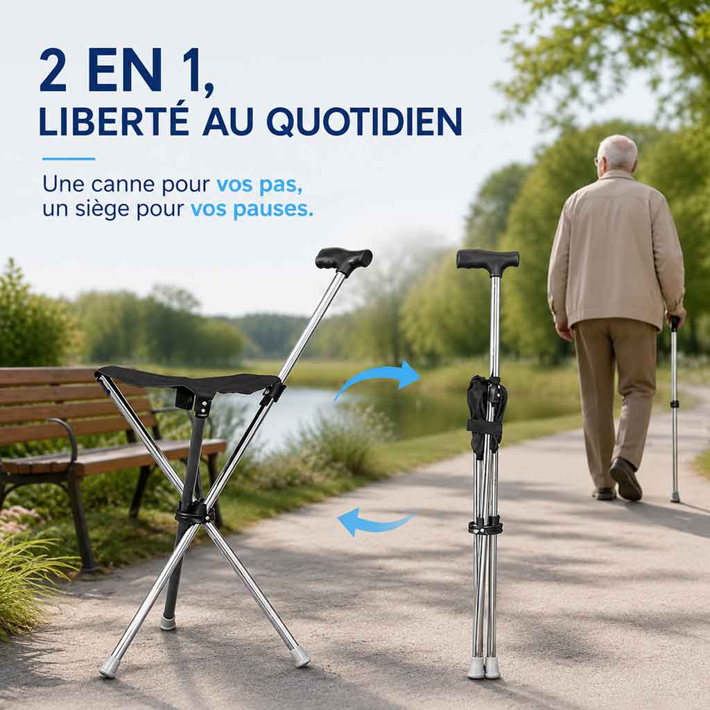 Canne Siège Pliante 2-en-1 Légère