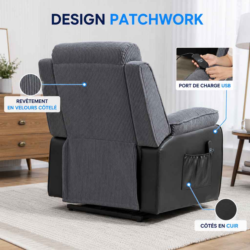 Fauteuil releveur électrique en velours côtelé