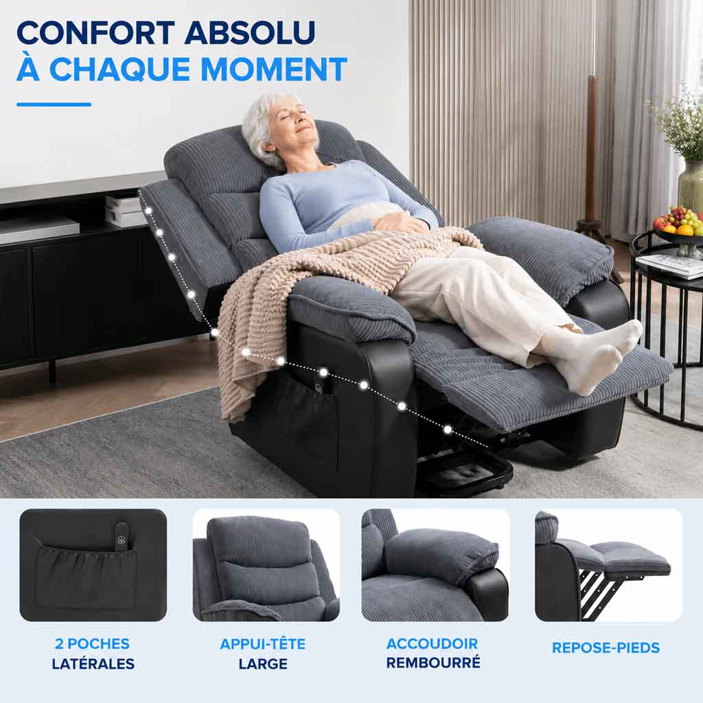 Fauteuil releveur électrique en velours côtelé