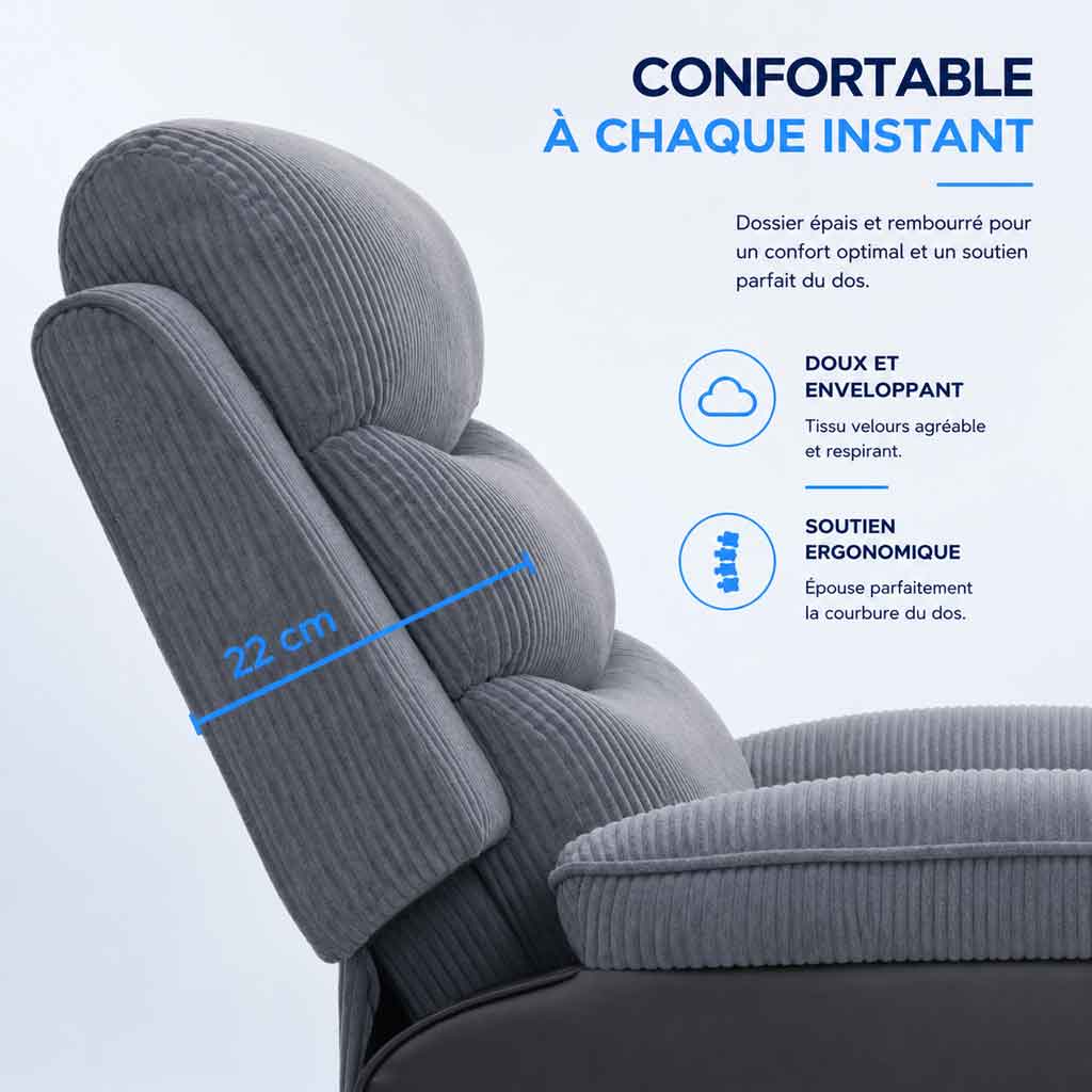 Fauteuil releveur électrique en velours côtelé
