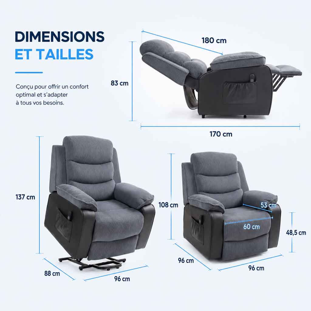 Fauteuil releveur électrique en velours côtelé