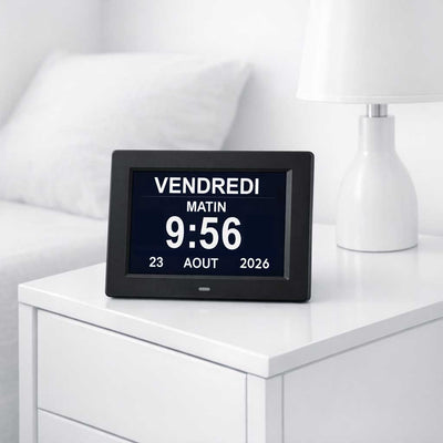 Horloge Calendrier Numérique Senior Alzheimer rappel médicaments Sérénita Home
