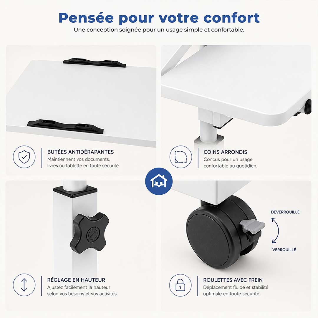 Table de Lit Inclinable à Roulettes